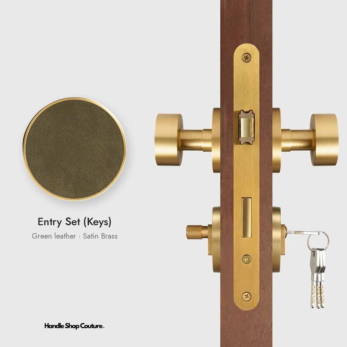AMORGOS leather door knob set in Satin Brass with green leather, Entry Set (Keys)