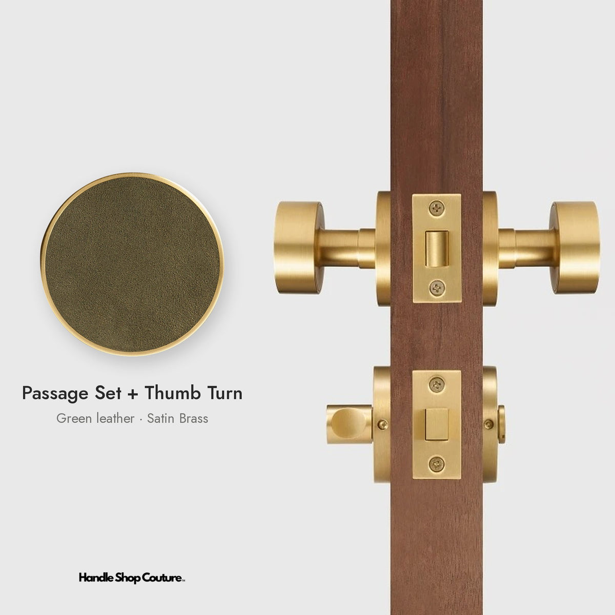 AMORGOS leather door knob set in Satin Brass with green leather, Passage Set + Thumb Turn