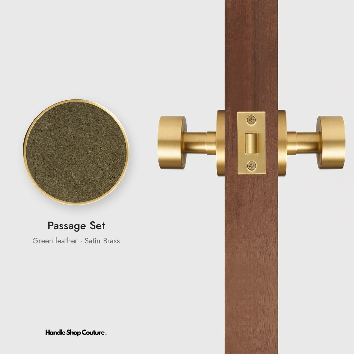 AMORGOS leather door knob set in Satin Brass with green leather, Passage Set