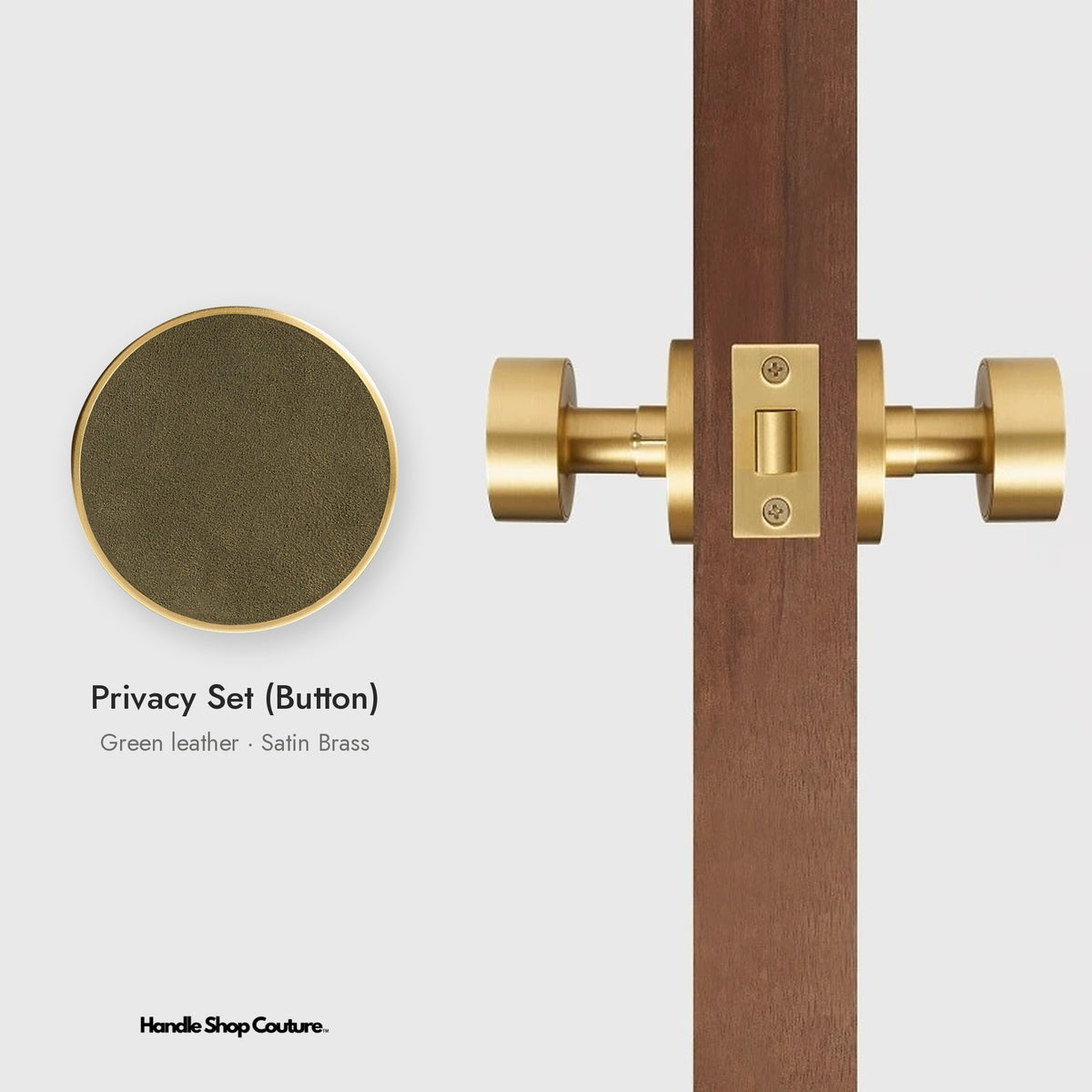 AMORGOS leather door knob set in Satin Brass with green leather, Privacy Set (Button)