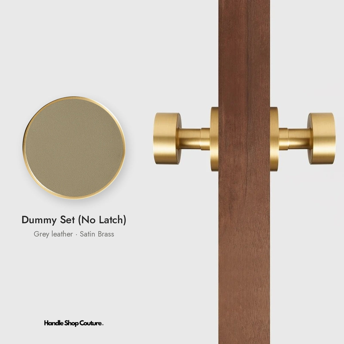 AMORGOS leather door knob set in Satin Brass with grey leather, Dummy Set (No Latch)