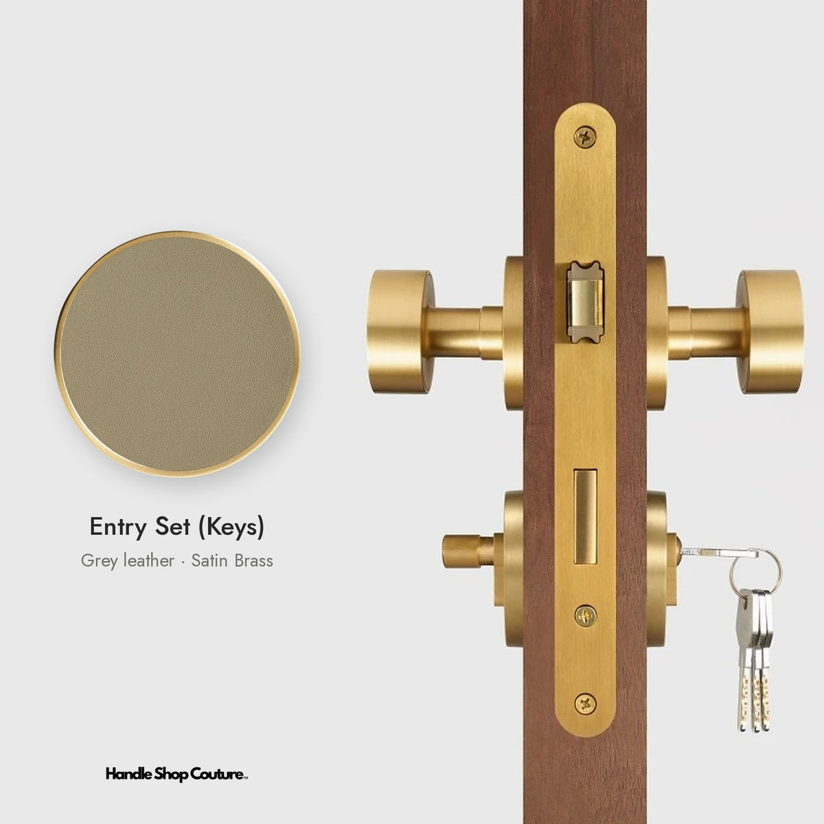 AMORGOS leather door knob set in Satin Brass with grey leather, Entry Set (Keys)