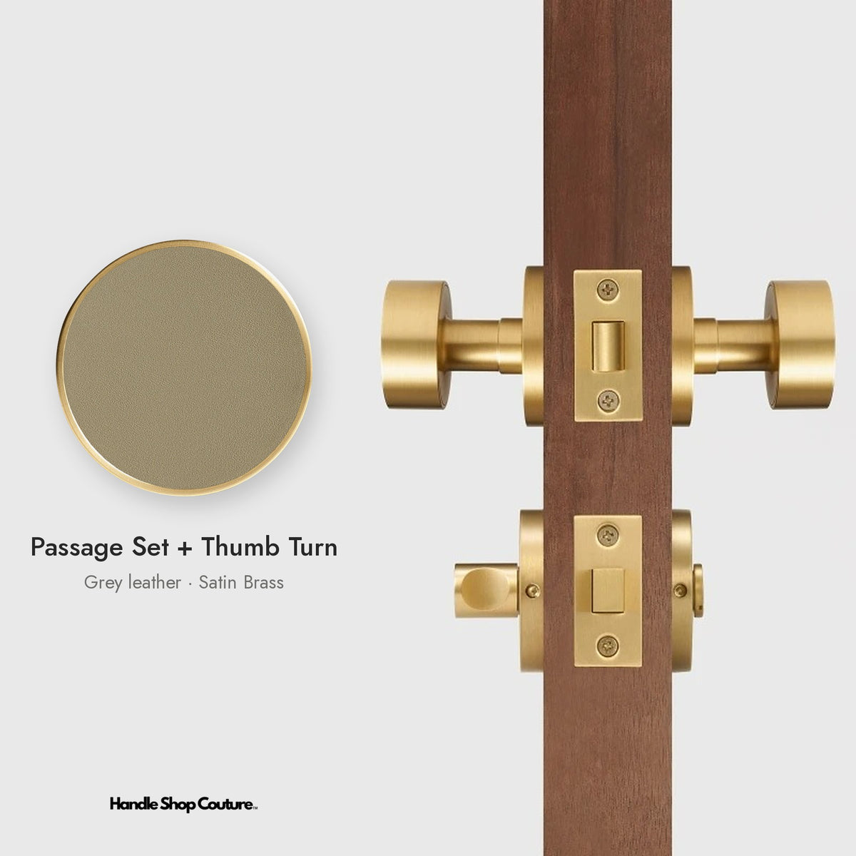 AMORGOS leather door knob set in Satin Brass with grey leather, Passage Set + Thumb Turn
