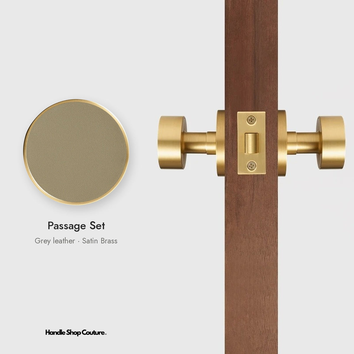 AMORGOS leather door knob set in Satin Brass with grey leather, Passage Set
