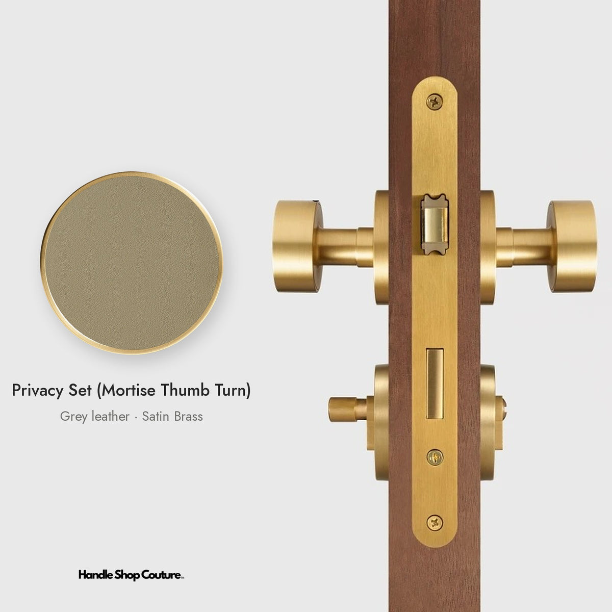 AMORGOS leather door knob set in Satin Brass with grey leather, Privacy Set (Mortise Thumb Turn)