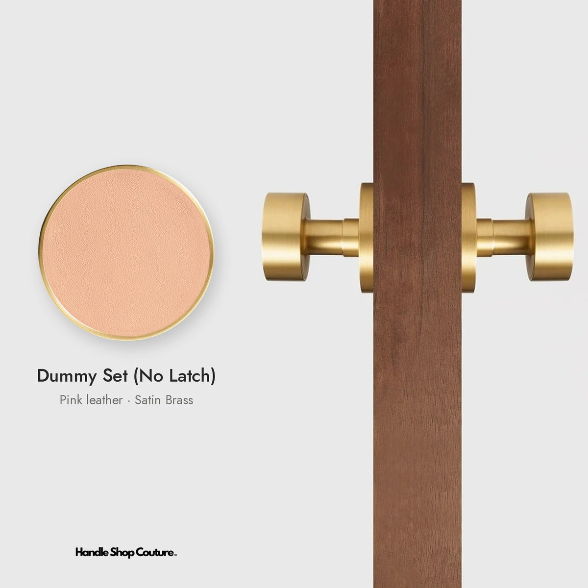 AMORGOS leather door knob set in Satin Brass with pink leather, Dummy Set (No Latch)