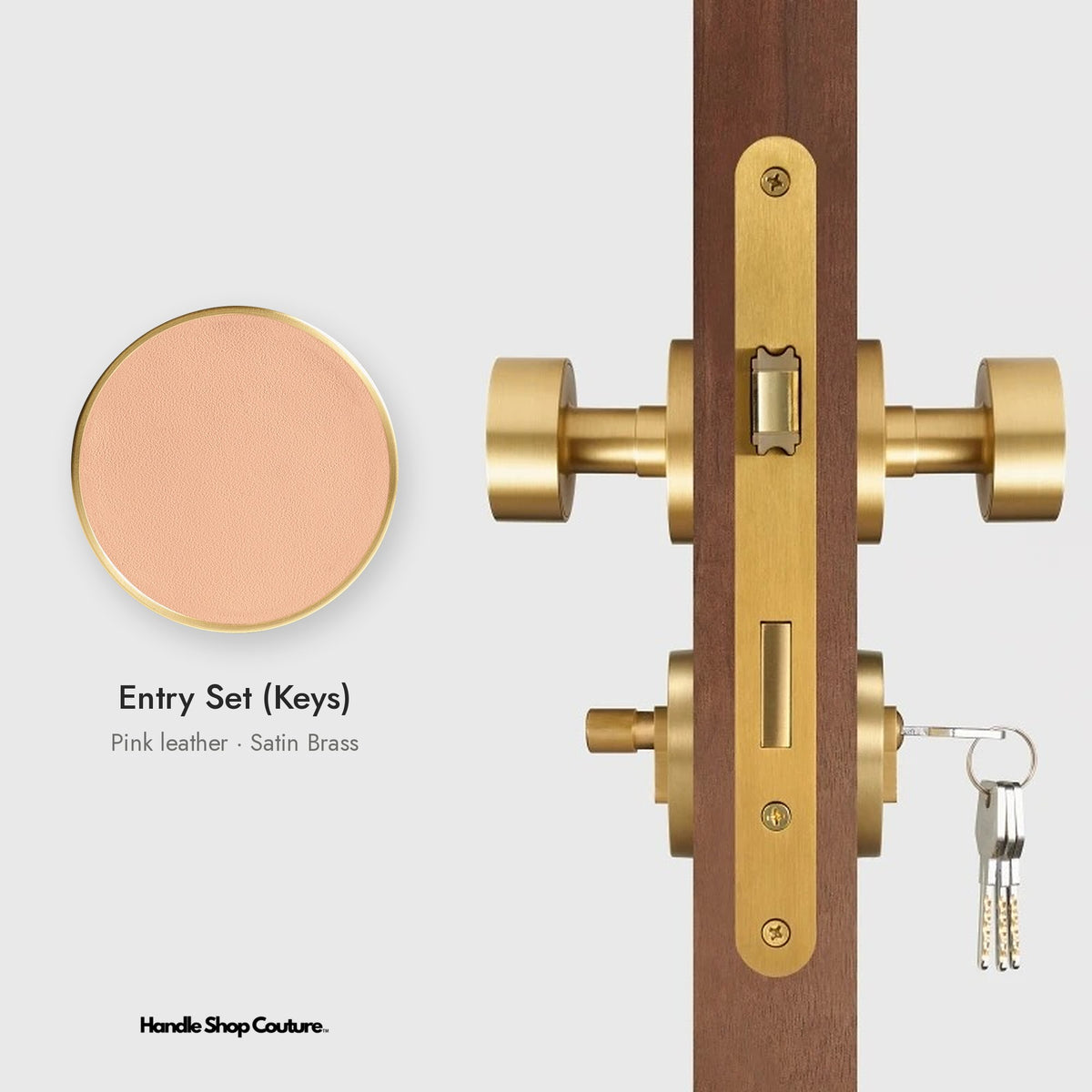 AMORGOS leather door knob set in Satin Brass with pink leather, Entry Set (Keys)