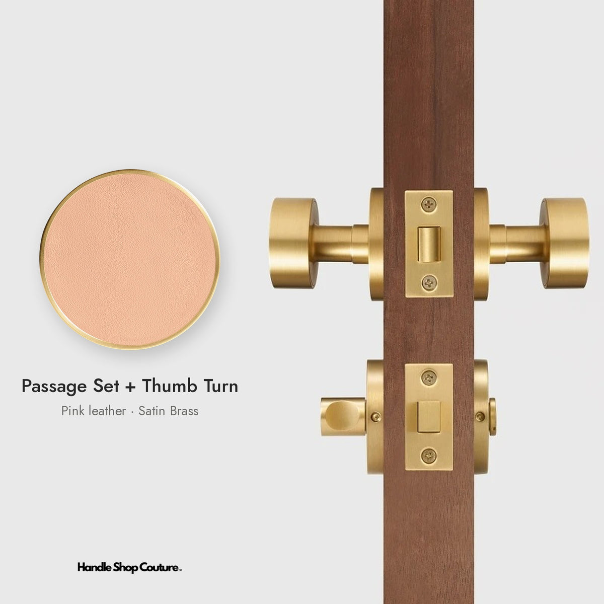 AMORGOS leather door knob set in Satin Brass with pink leather, Passage Set + Thumb Turn