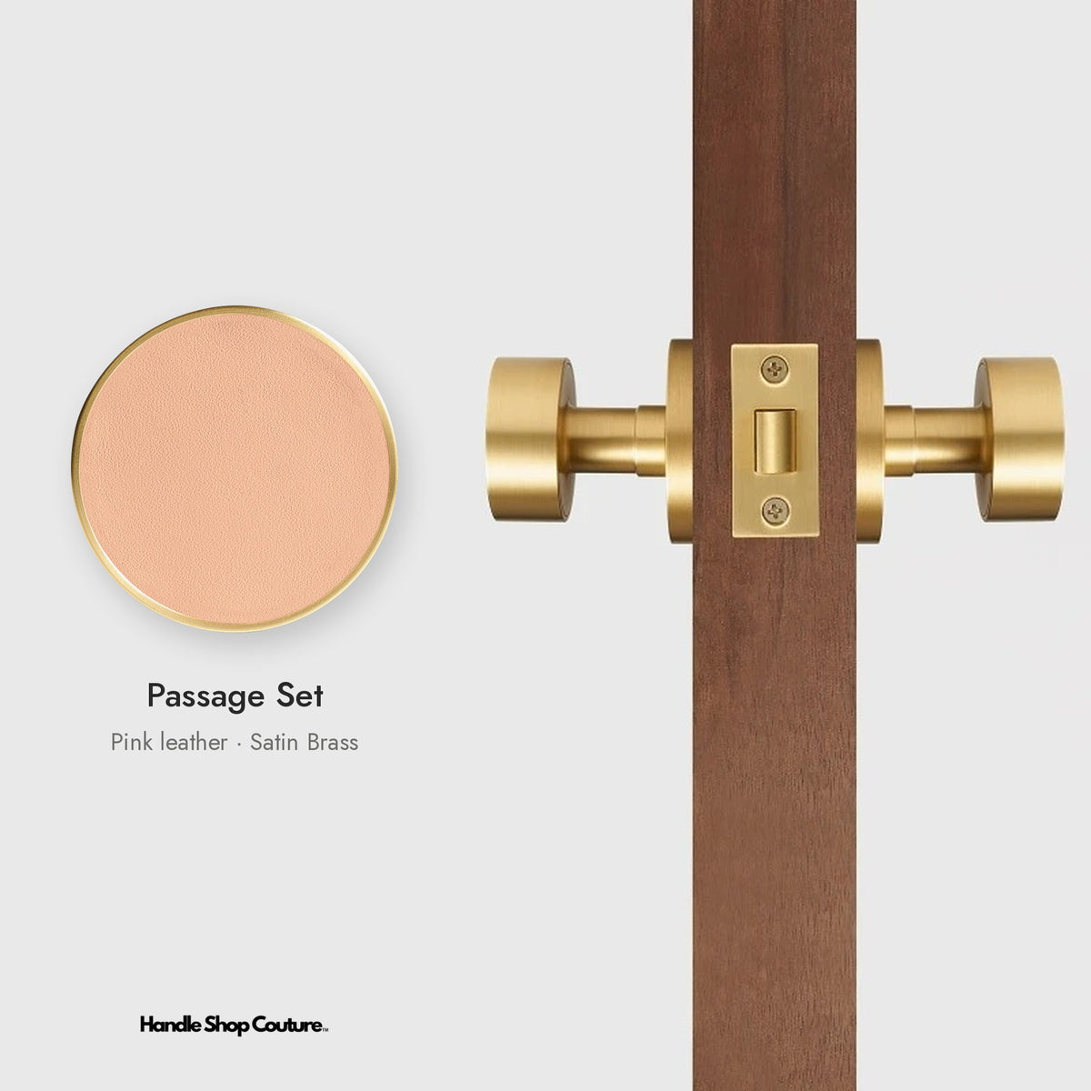 AMORGOS leather door knob set in Satin Brass with pink leather, Passage Set