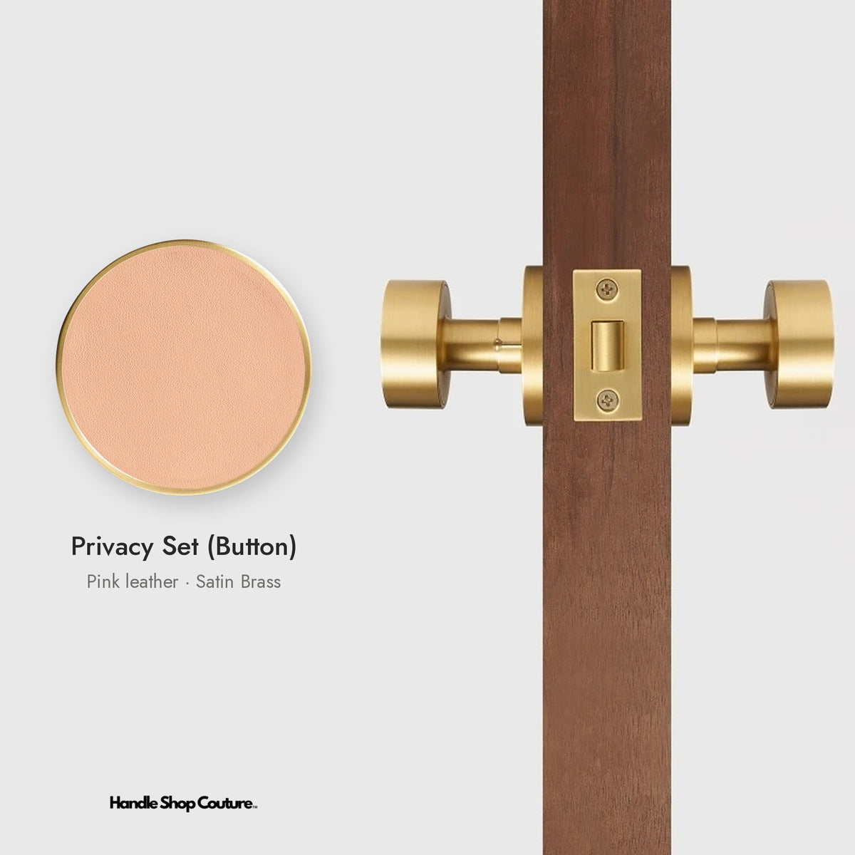 AMORGOS leather door knob set in Satin Brass with pink leather, Privacy Set (Button)