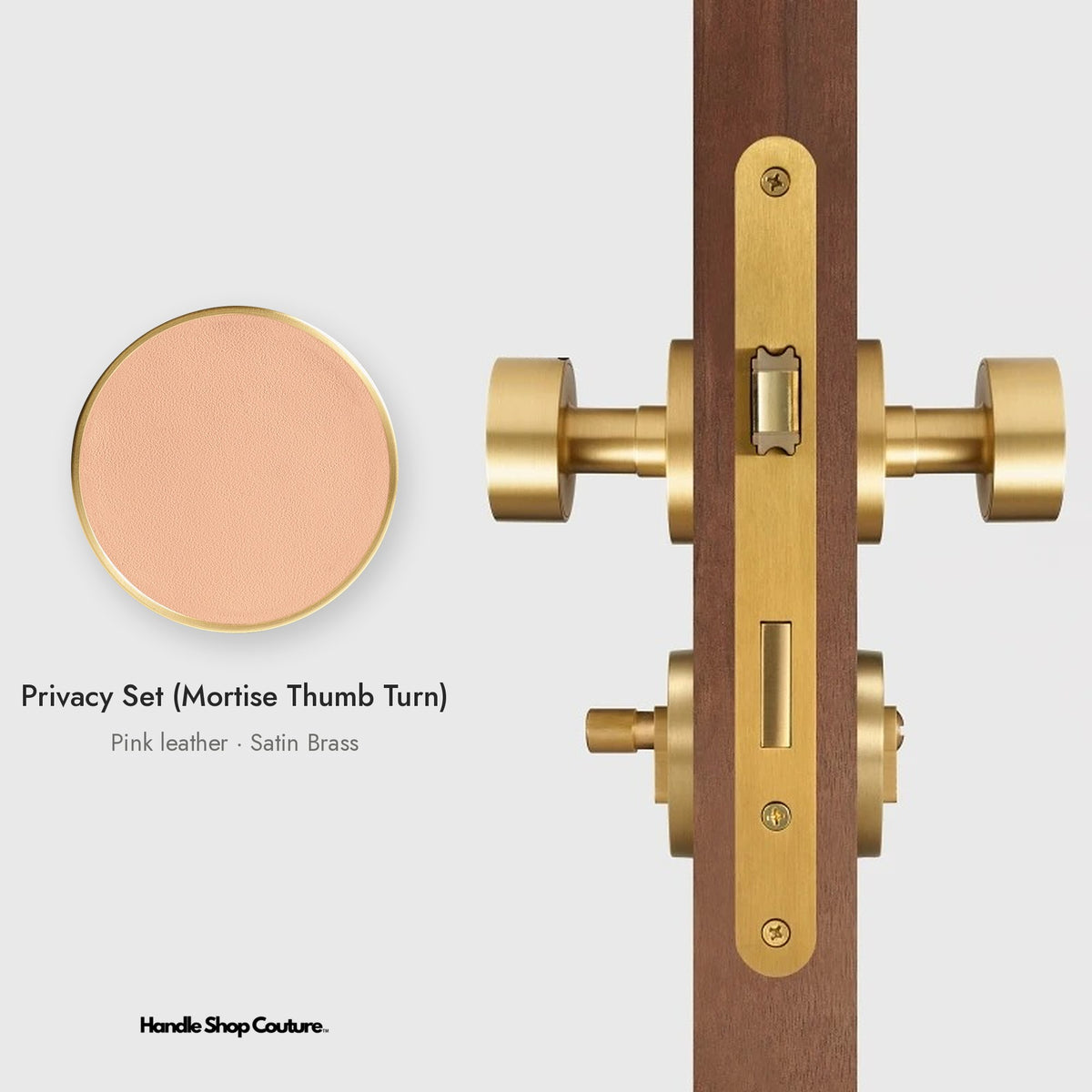 AMORGOS leather door knob set in Satin Brass with pink leather, Privacy Set (Mortise Thumb Turn)