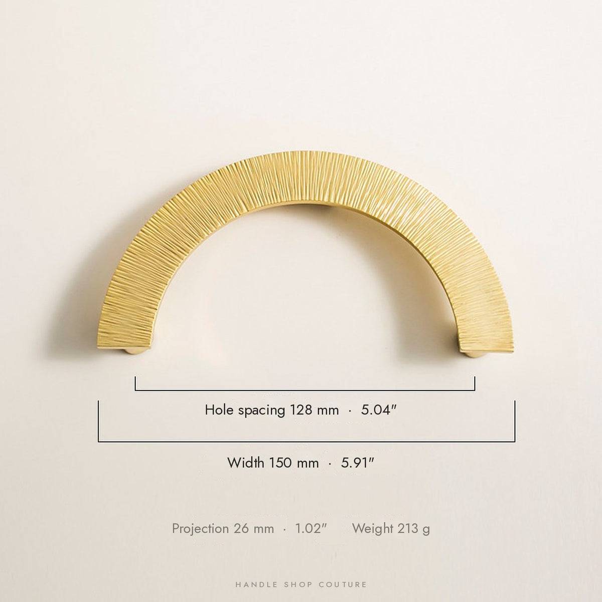 ARTEM 150 mm arc pull in polished brass, 128 mm hole spacing, 26 mm projection