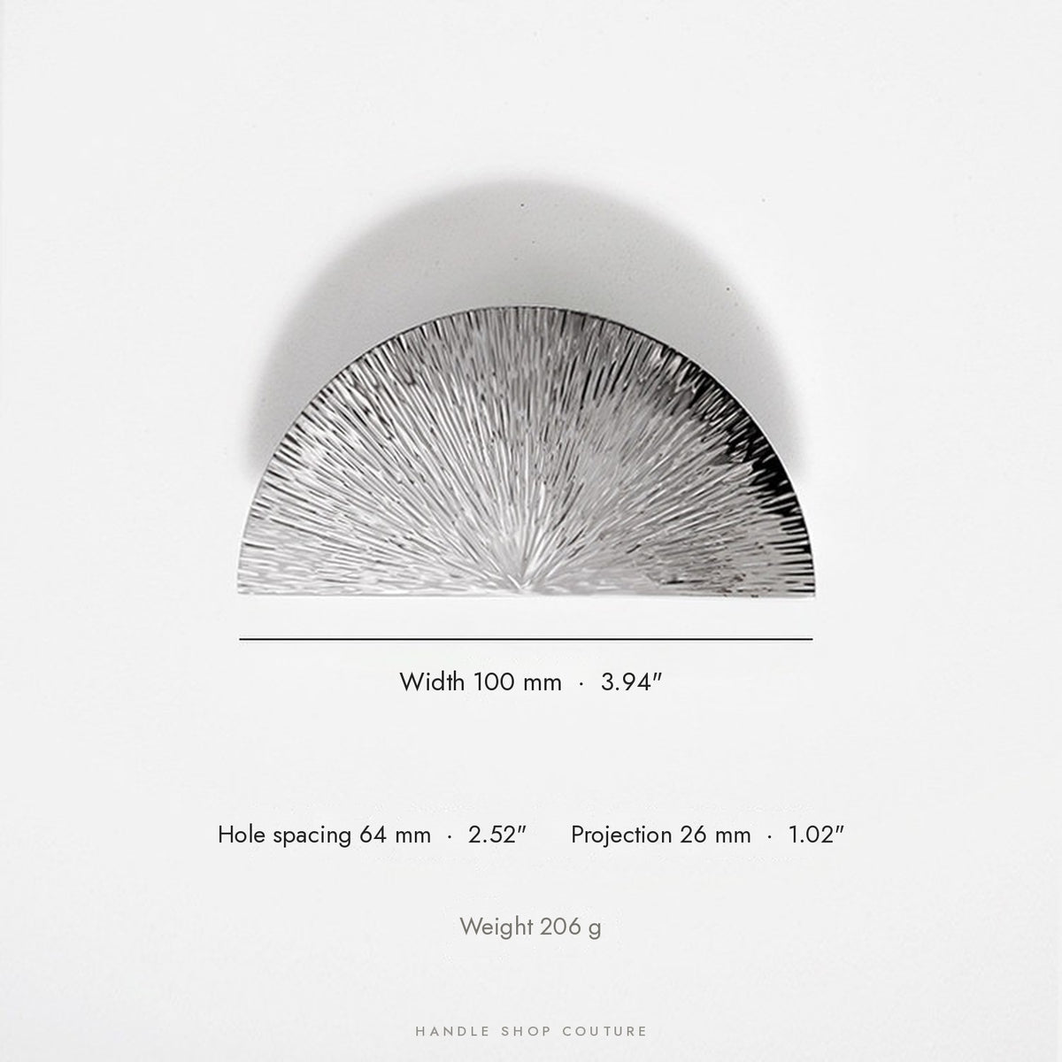 ARTEM 100 mm half-moon pull in chrome, 64 mm hole spacing, 26 mm projection