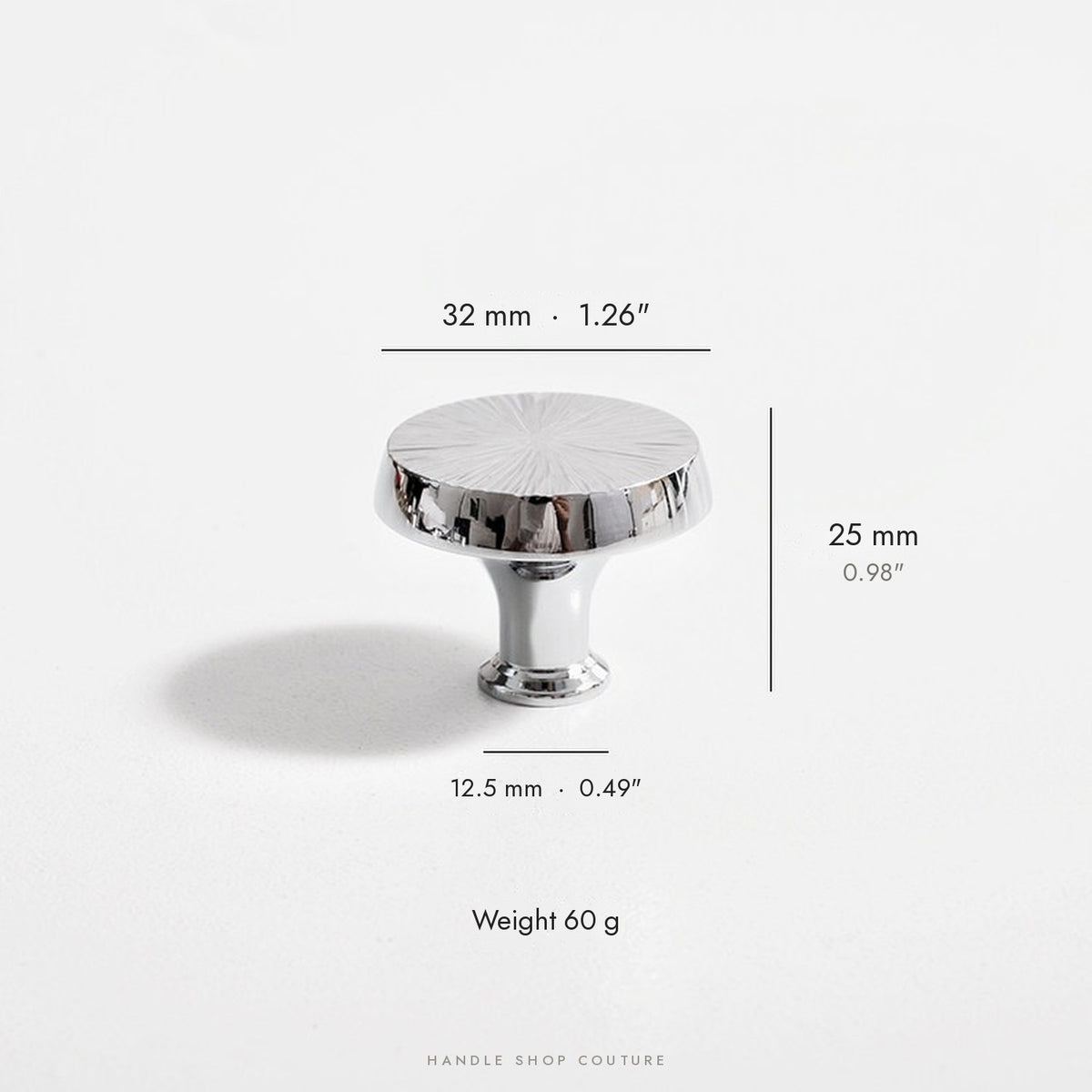 ARTEM knob in chrome, 32 mm diameter, 25 mm high, 60 g
