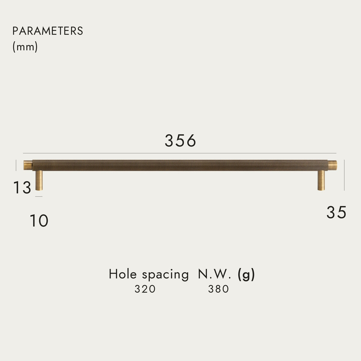 BURGAS knurled brass handle, 356mm long, 320mm hole-to-hole, Antique Brass
