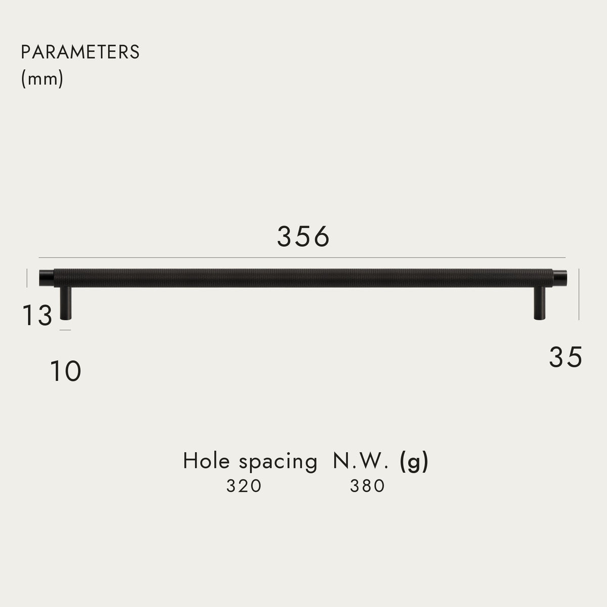 BURGAS knurled brass handle, 356mm long, 320mm hole-to-hole, Matte Black