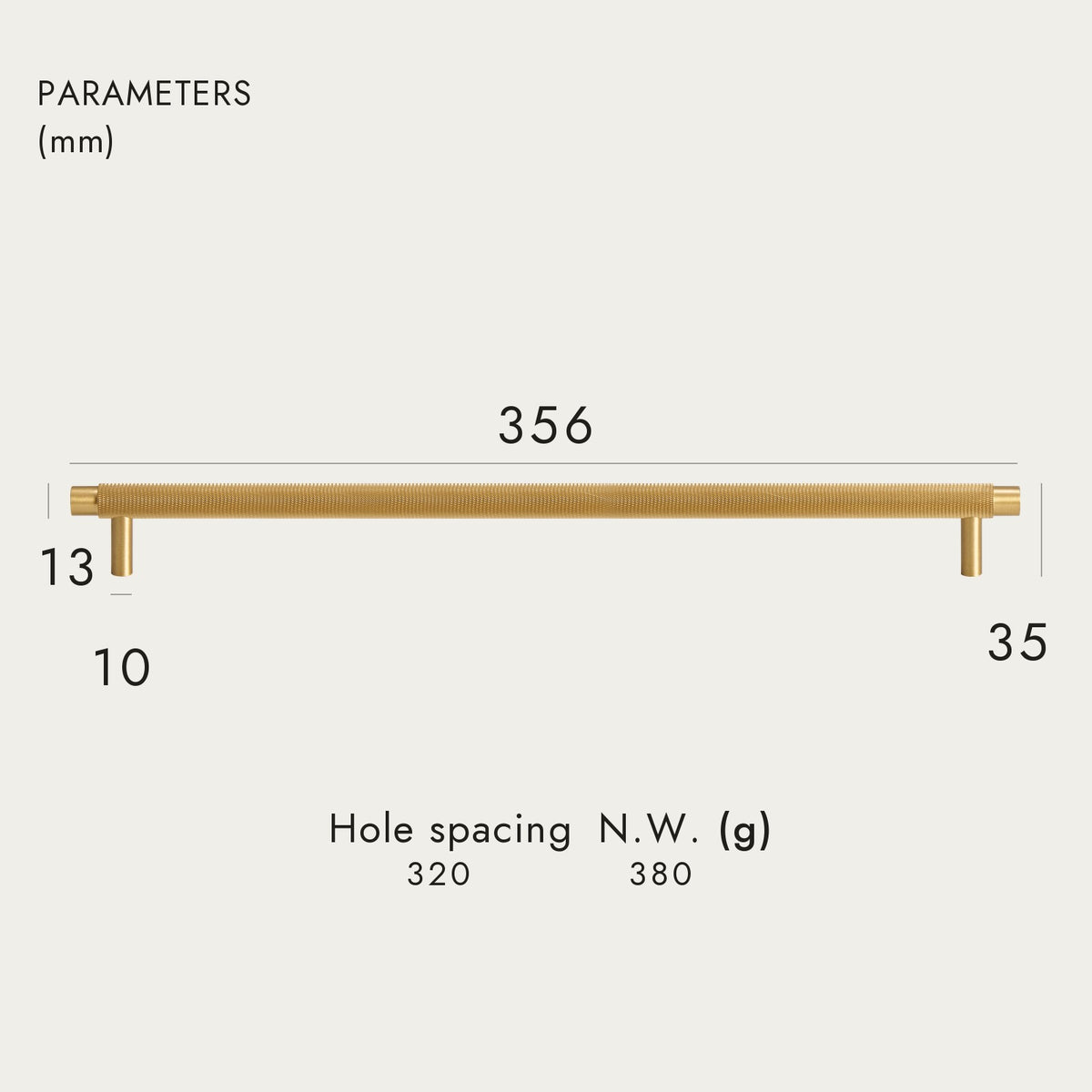 BURGAS knurled brass handle, 356mm long, 320mm hole-to-hole, Satin Brass