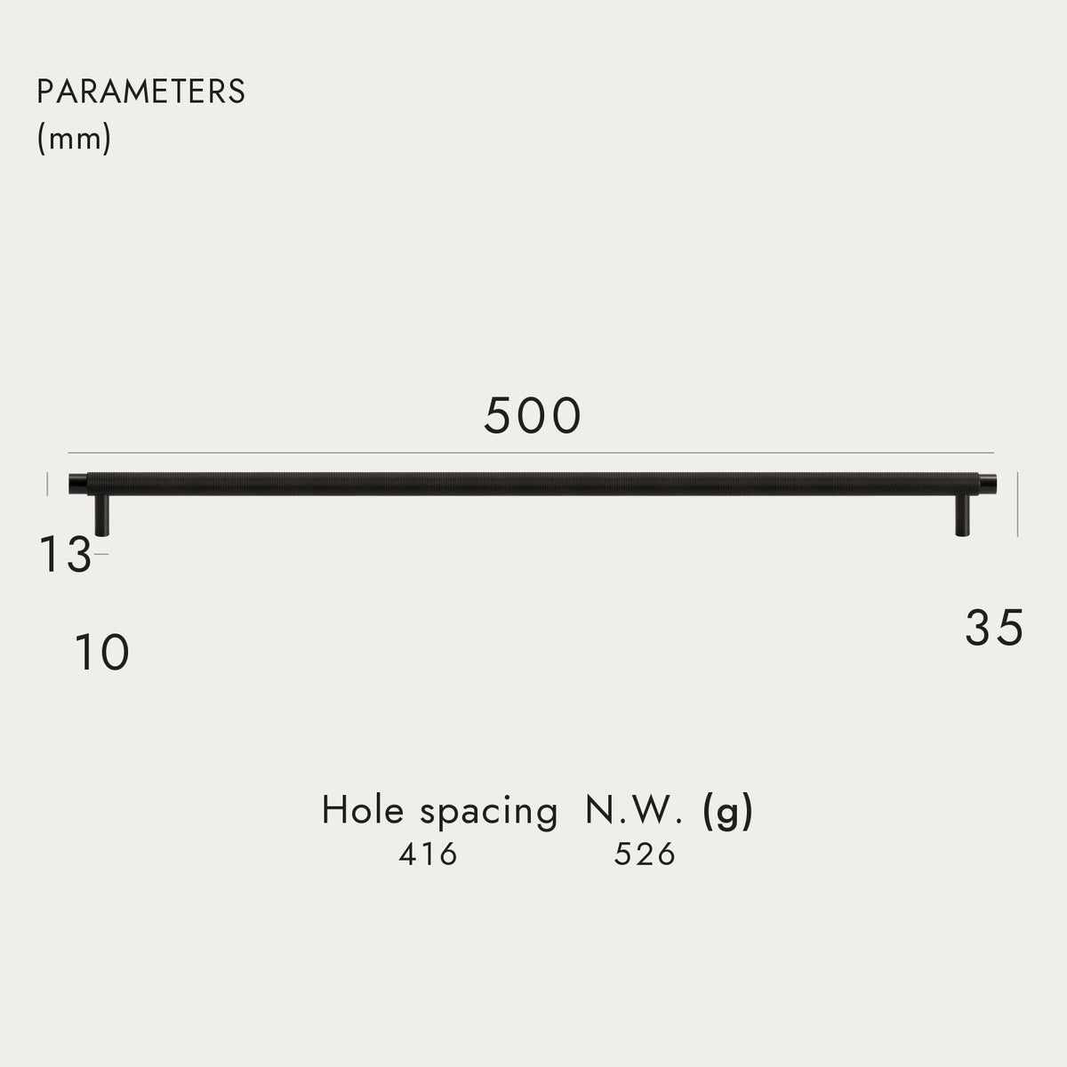 BURGAS knurled brass handle, 500mm long, 416mm hole-to-hole, Matte Black