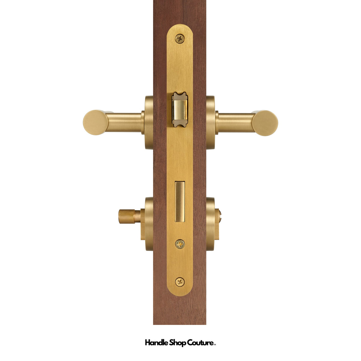 DELOS lever handle, Satin Brass, Privacy Set (Mortise Thumb Turn)