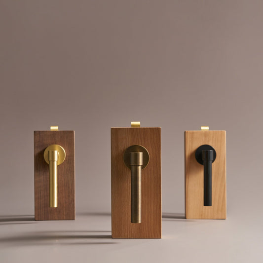 DELOS lever door handles in Satin Brass, Antique Brass and Matte Black, front view