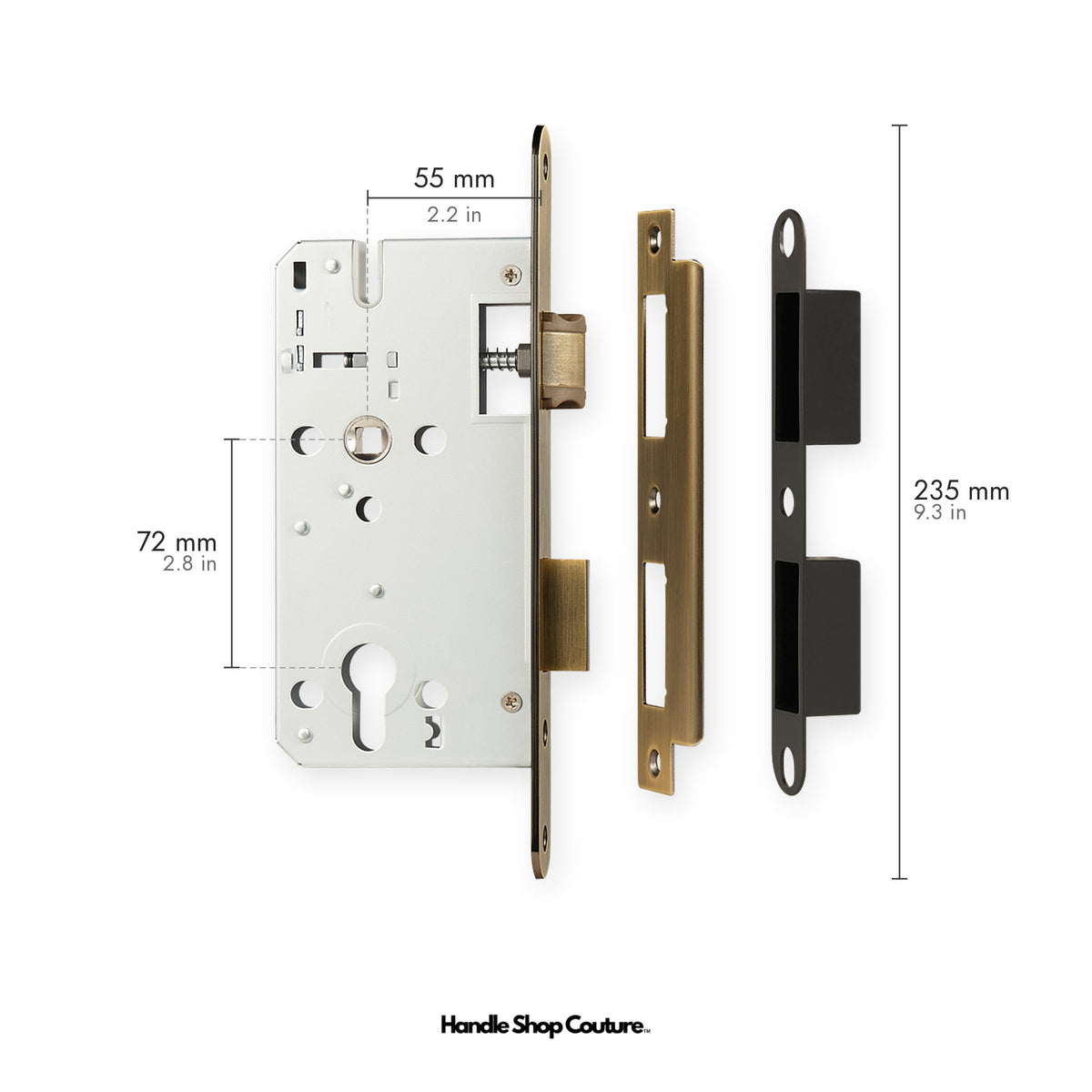 Euro profile mortise lock body, 55mm backset, 72mm centres, Antique Brass faceplate and strike plate