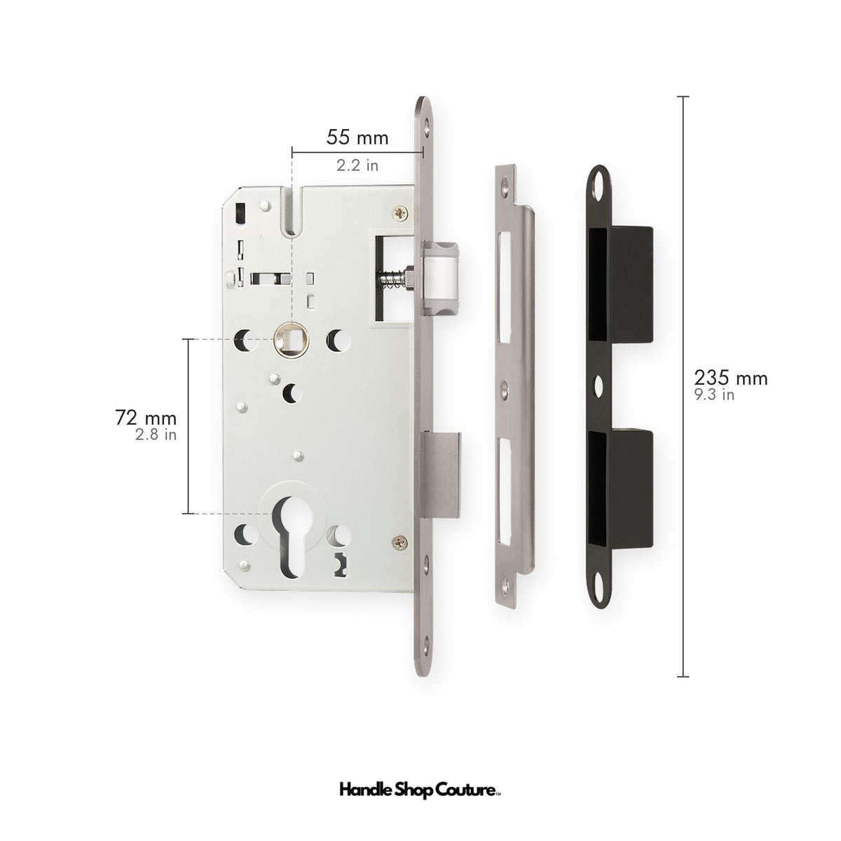 Euro profile mortise lock body, 55mm backset, 72mm centres, Brushed Nickel faceplate and strike plate