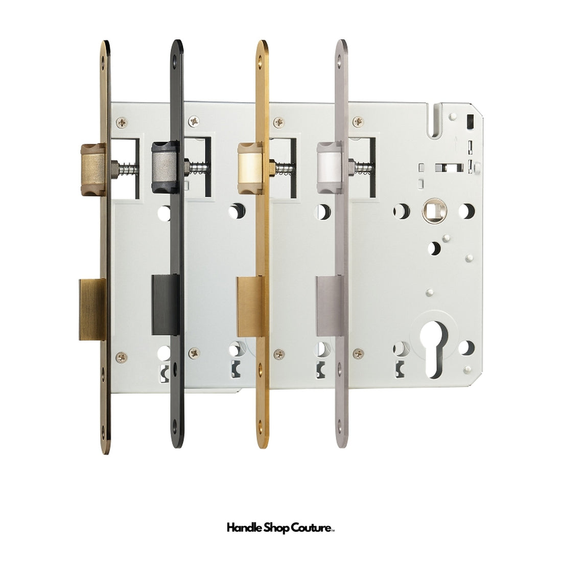 Euro profile mortise lock bodies in Antique Brass, Matte Black, Satin Brass and Brushed Nickel