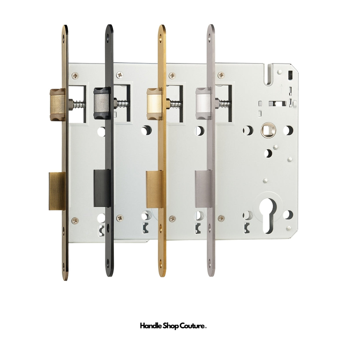 Euro profile mortise lock bodies in Antique Brass, Matte Black, Satin Brass and Brushed Nickel