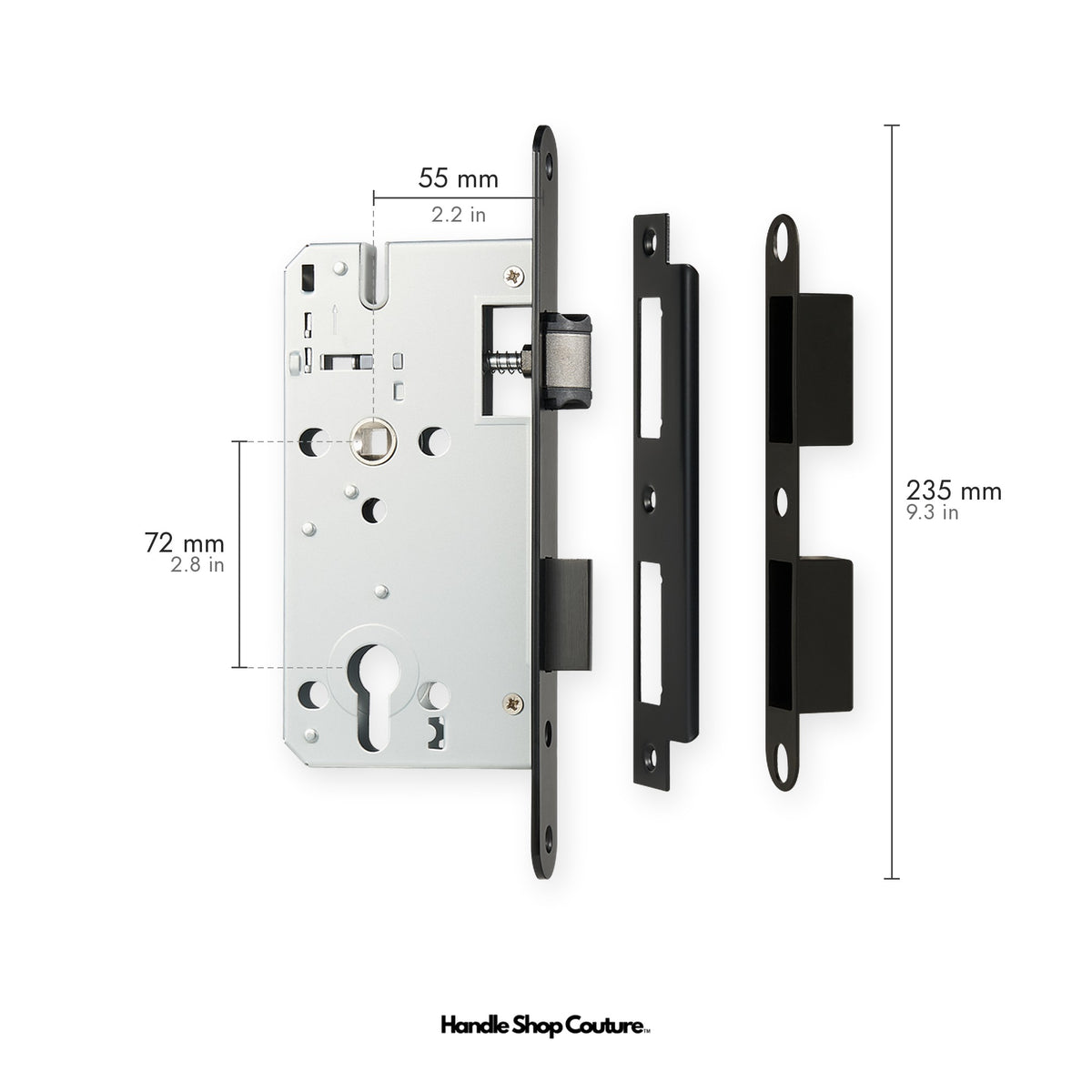 Euro profile mortise lock body, 55mm backset, 72mm centres, Matte Black faceplate and strike plate