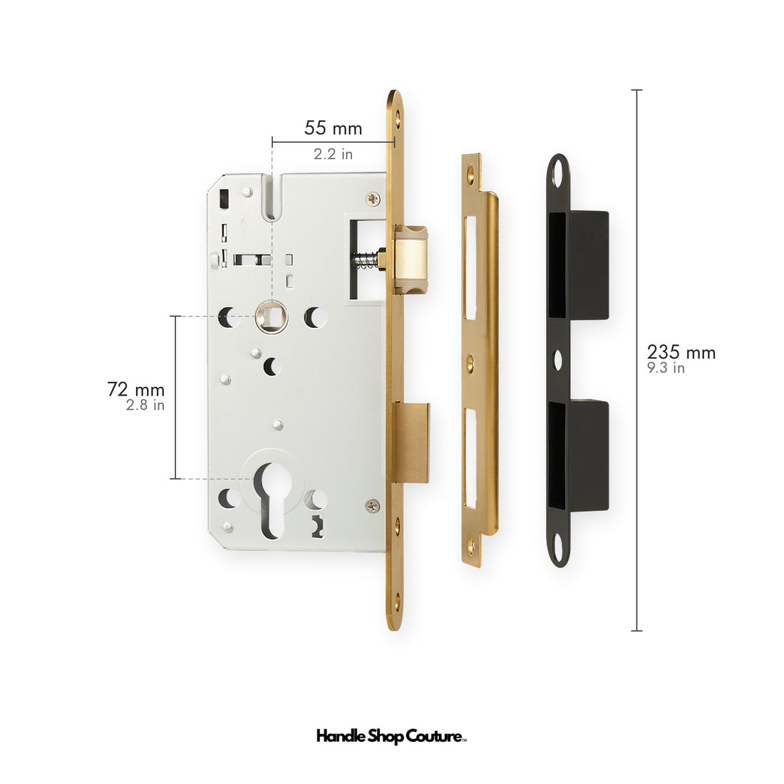 Euro profile mortise lock bodies in Antique Brass, Matte Black, Satin Brass and Brushed Nickel