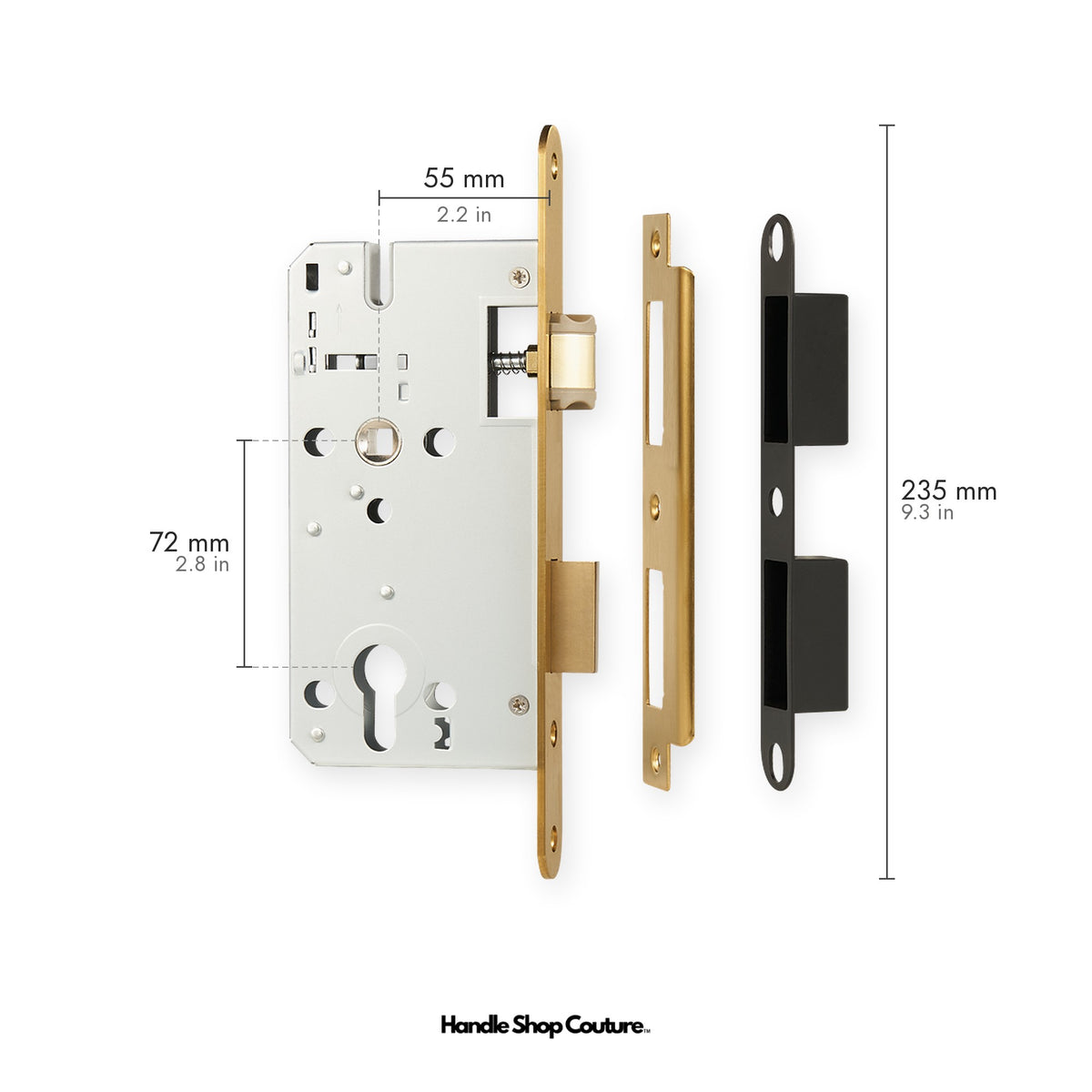 Euro profile mortise lock body, 55mm backset, 72mm centres, Satin Brass faceplate and strike plate