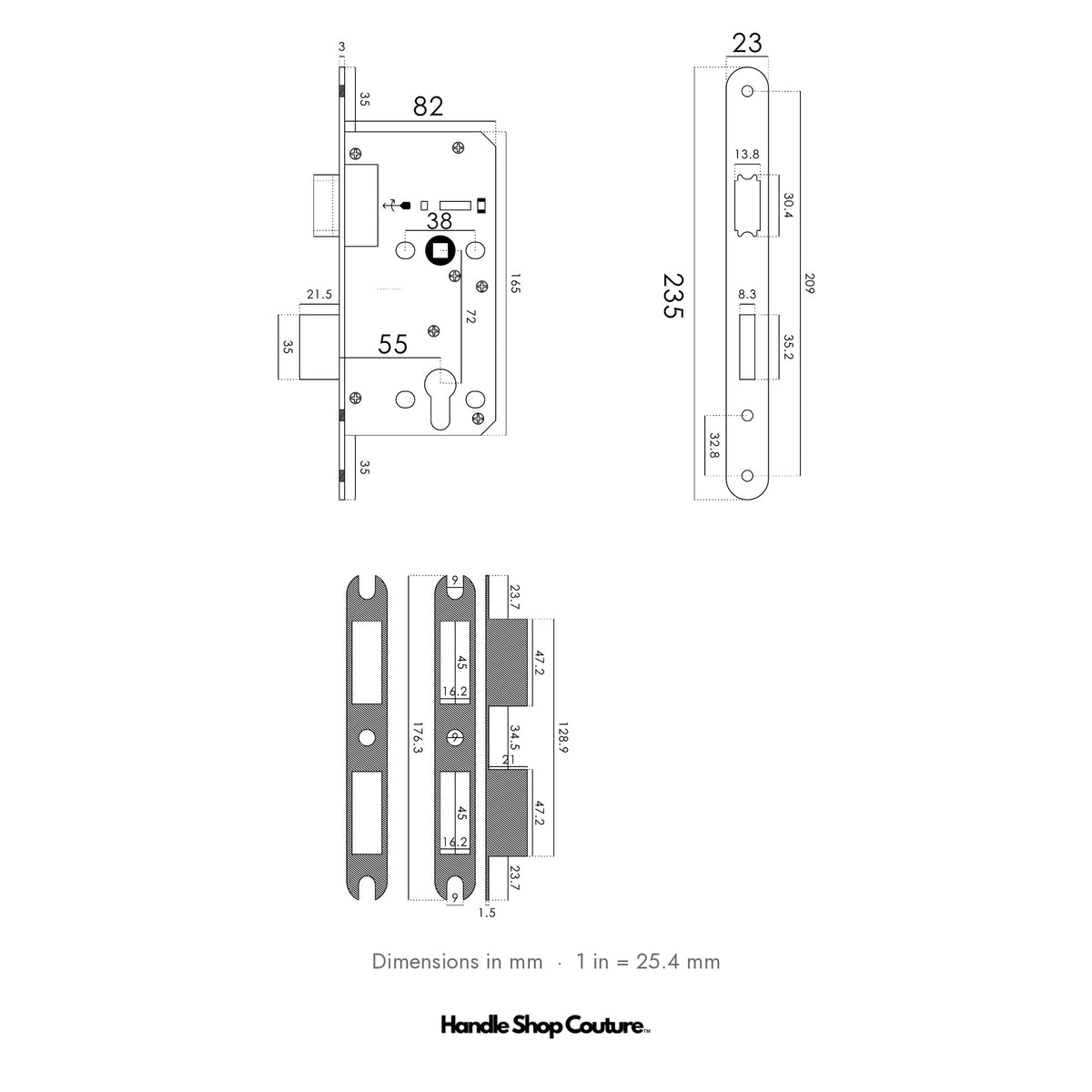 Euro profile mortise lock technical drawing: 55mm backset, 72mm centres, 235 x 23mm faceplate, 165mm case, strike plate and box keeper