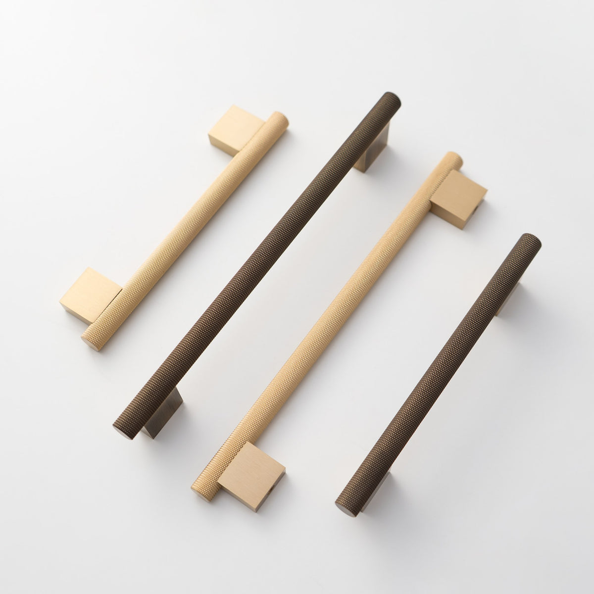 HELIOS knurled brass handles in two lengths, Satin Brass and Antique Brass