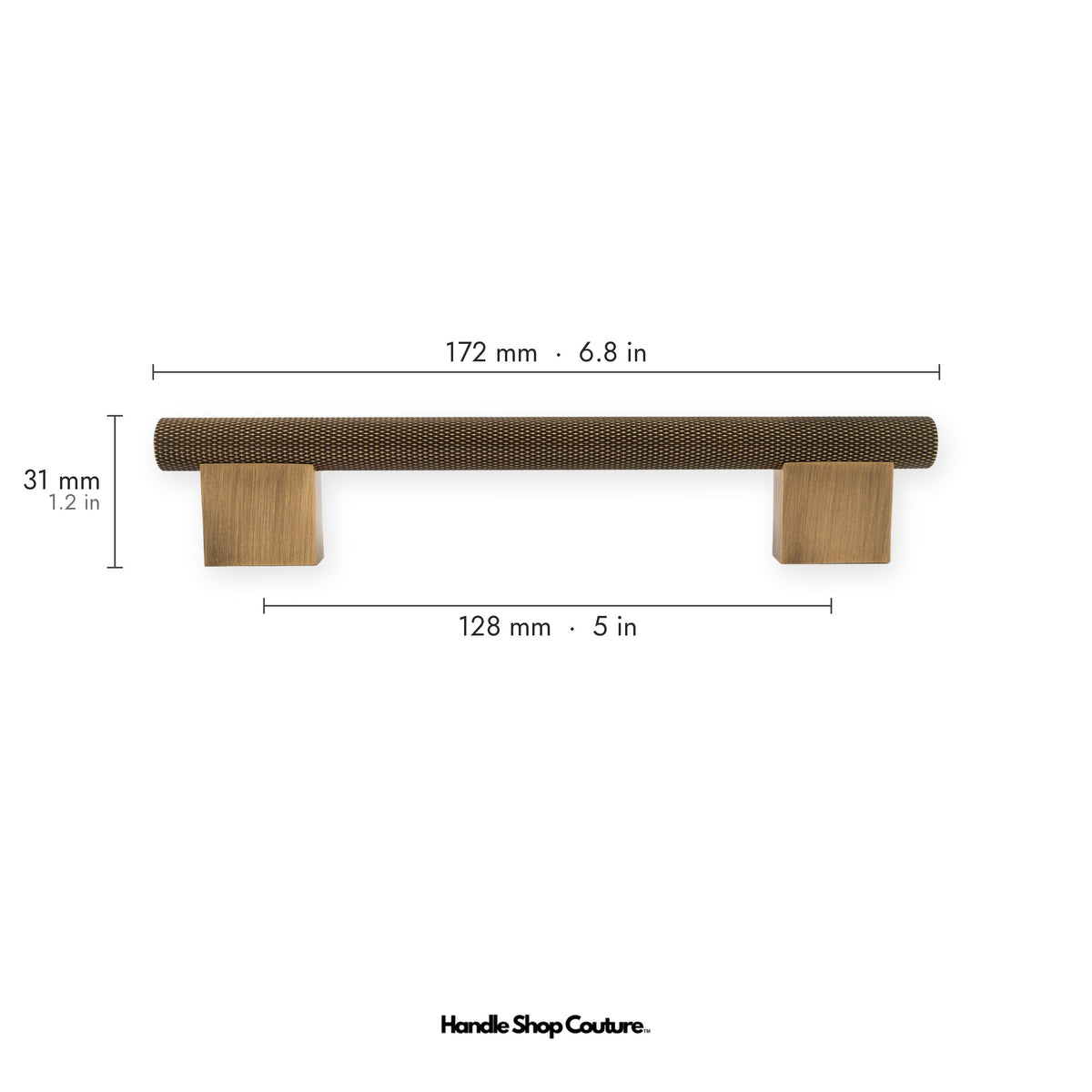 HELIOS knurled brass cabinet handle, 172mm long, 128mm hole-to-hole, Antique Brass