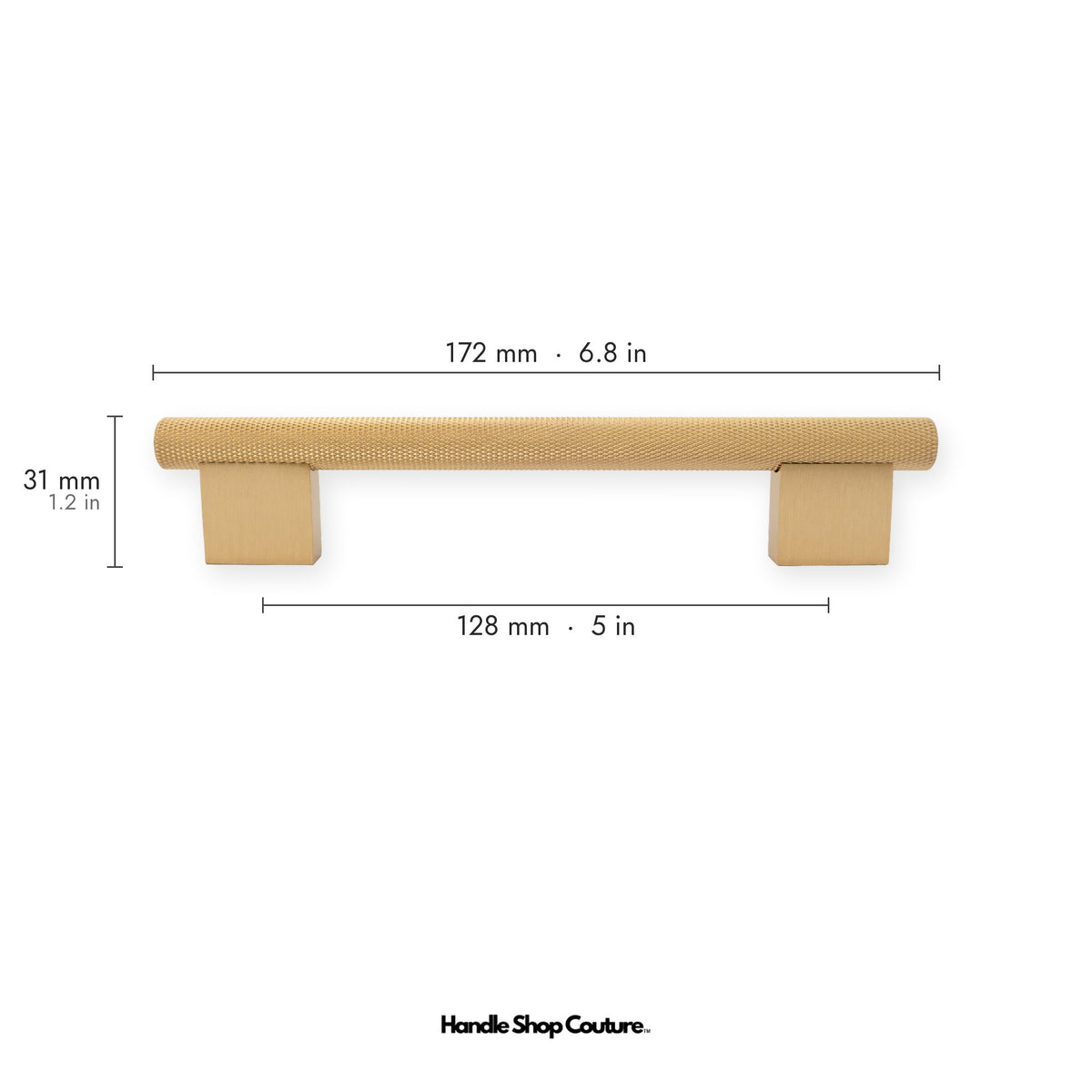 HELIOS knurled brass cabinet handle, 172mm long, 128mm hole-to-hole, Satin Brass