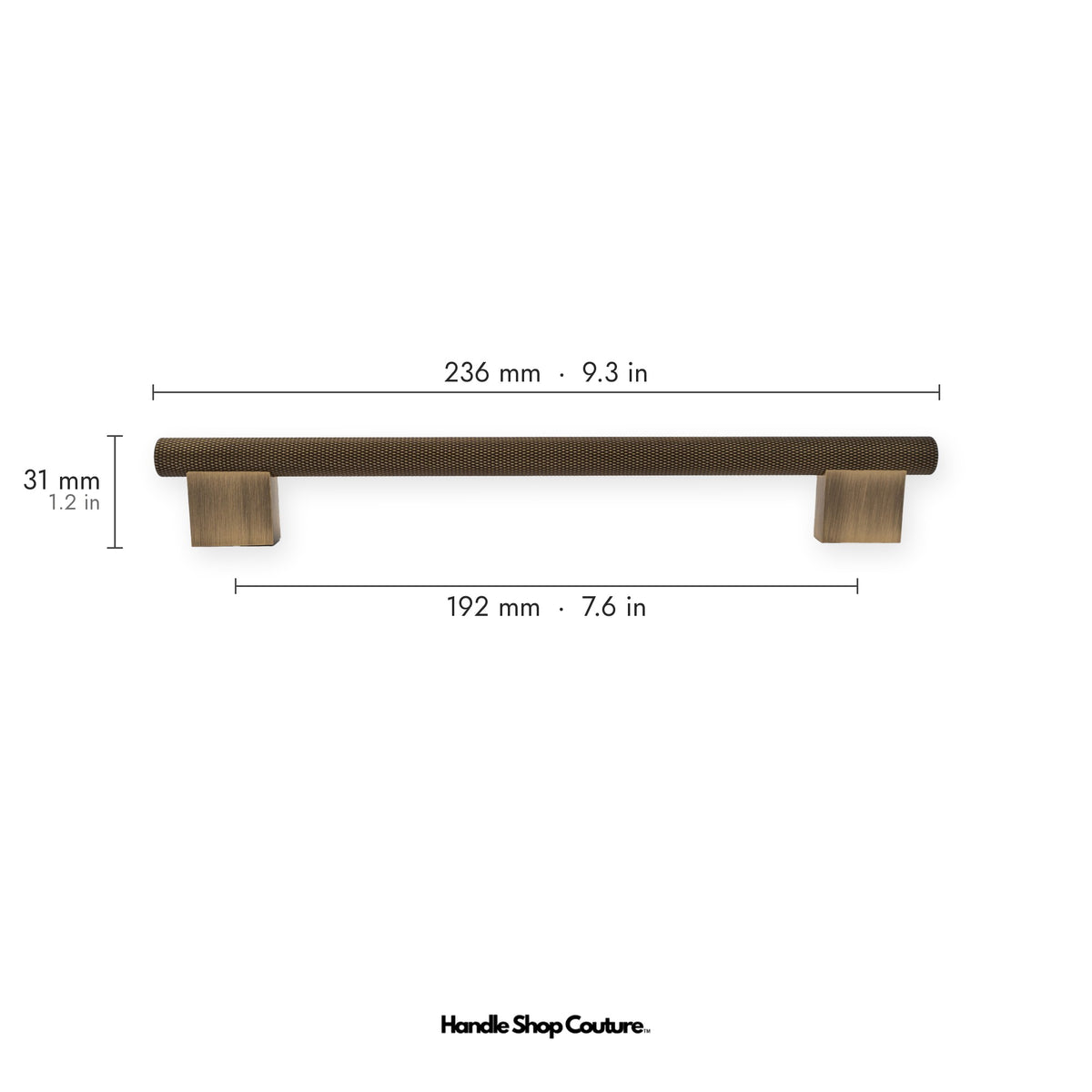 HELIOS knurled brass cabinet handle, 236mm long, 192mm hole-to-hole, Antique Brass