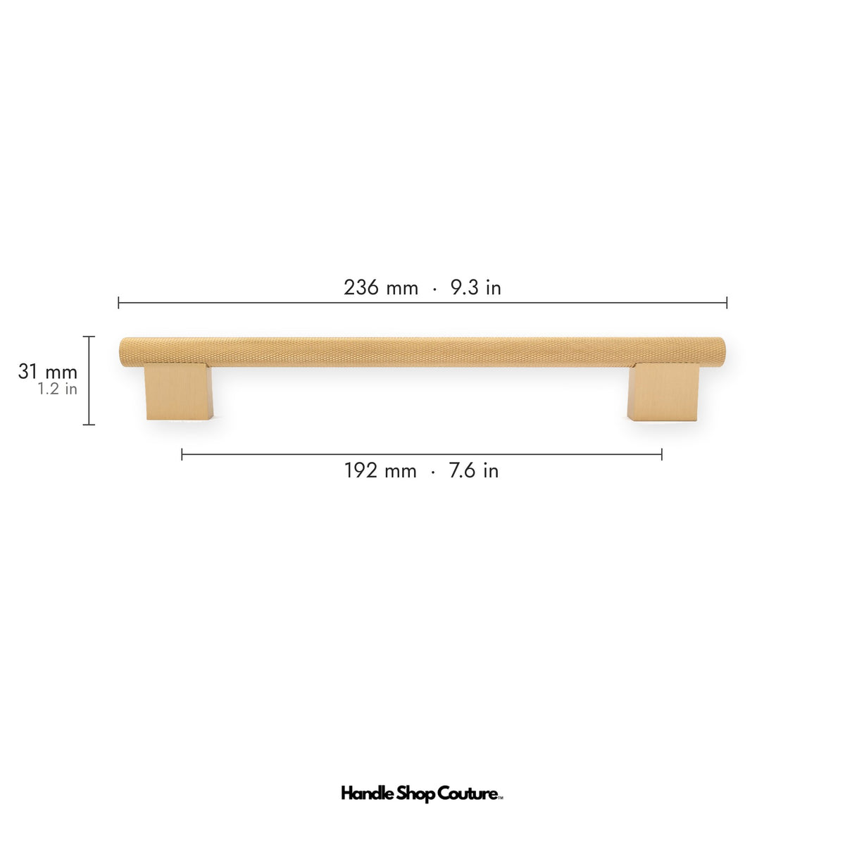 HELIOS knurled brass cabinet handle, 236mm long, 192mm hole-to-hole, Satin Brass