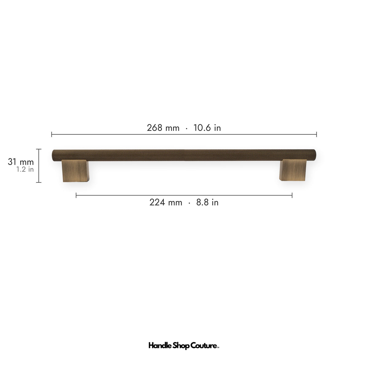 HELIOS knurled brass cabinet handle, 268mm long, 224mm hole-to-hole, Antique Brass
