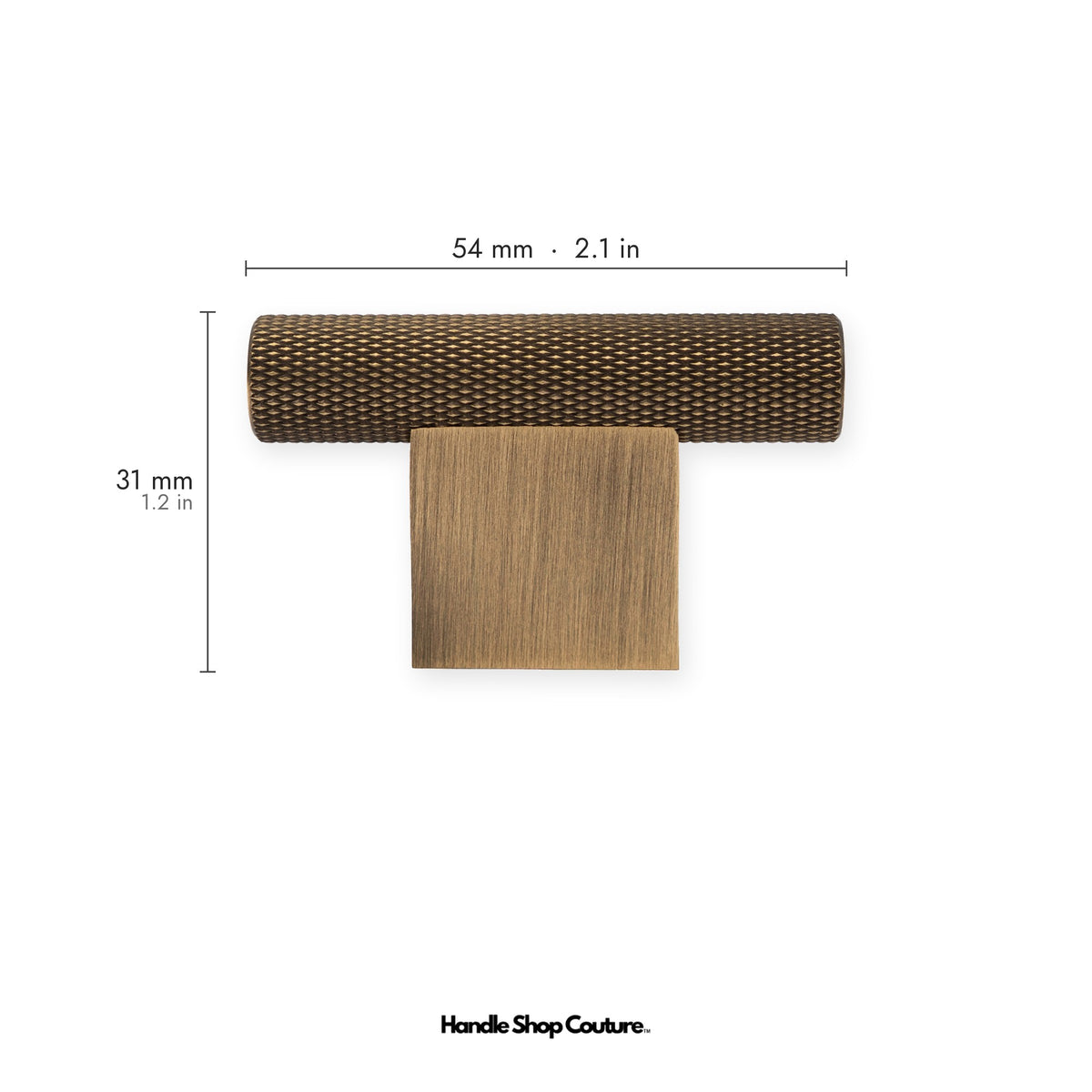 HELIOS knurled brass T-pull, 54mm long, Antique Brass