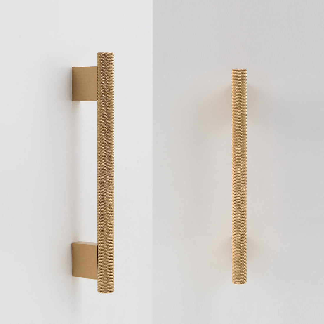 HELIOS knurled brass handles and T-pulls in Satin Brass and Antique Brass, flat lay