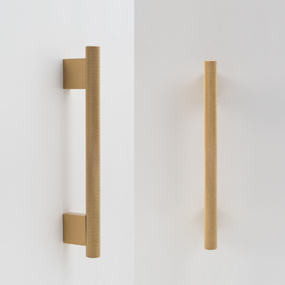 HELIOS knurled brass handle in Satin Brass on white cabinet doors