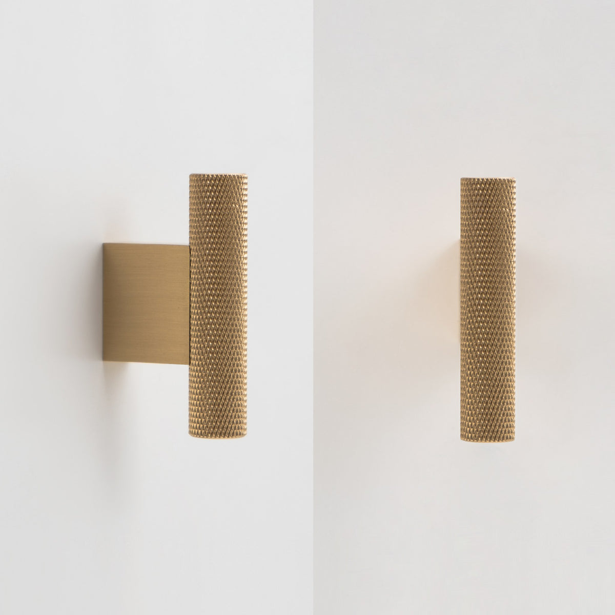 HELIOS knurled brass T-pull in Satin Brass on white cabinet doors