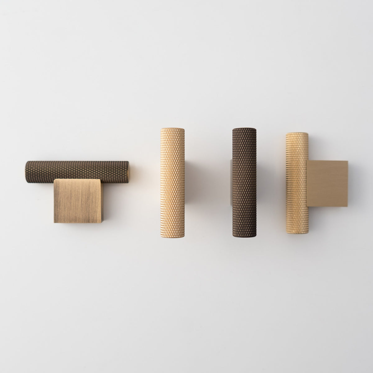 HELIOS knurled brass T-pulls in Satin Brass and Antique Brass