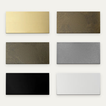 KLAS brass finish sample swatches (10 x 5 cm) in all six finishes