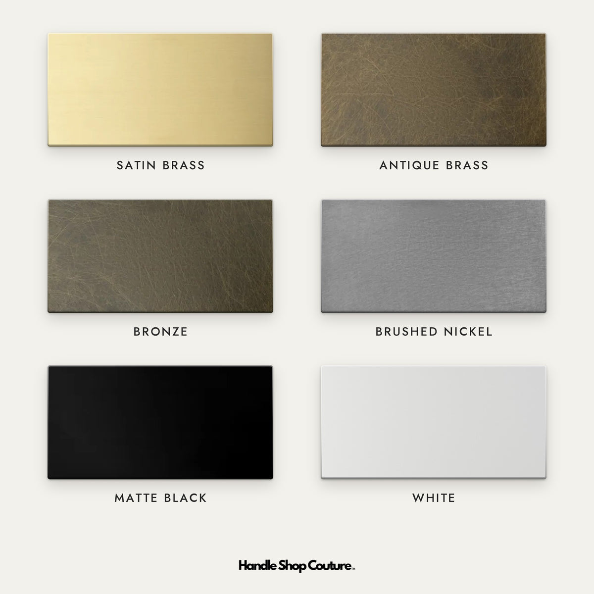 KLAS brass finish sample swatches, labelled: Satin Brass, Antique Brass, Bronze, Brushed Nickel, Matte Black, White