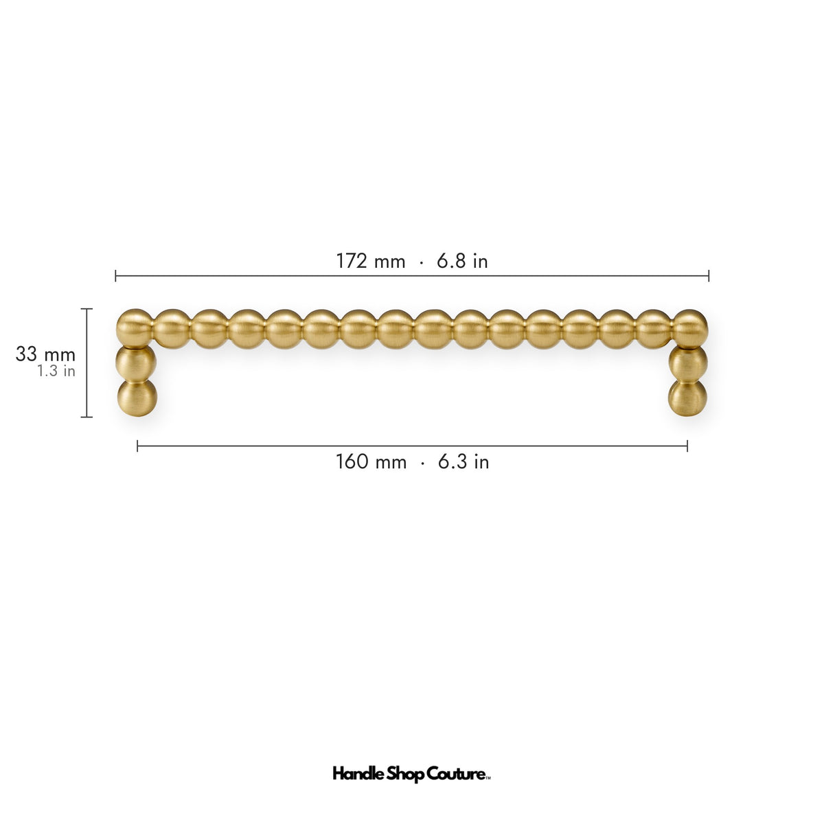 KOMBOLOI beaded brass cabinet handle, 172mm long, 160mm hole-to-hole, Satin Brass