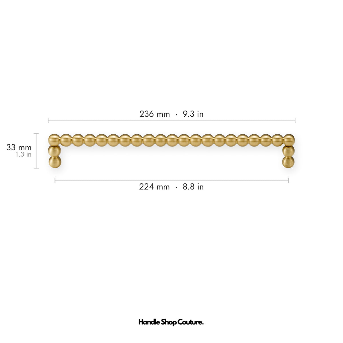 KOMBOLOI beaded brass cabinet handle, 236mm long, 224mm hole-to-hole, Satin Brass