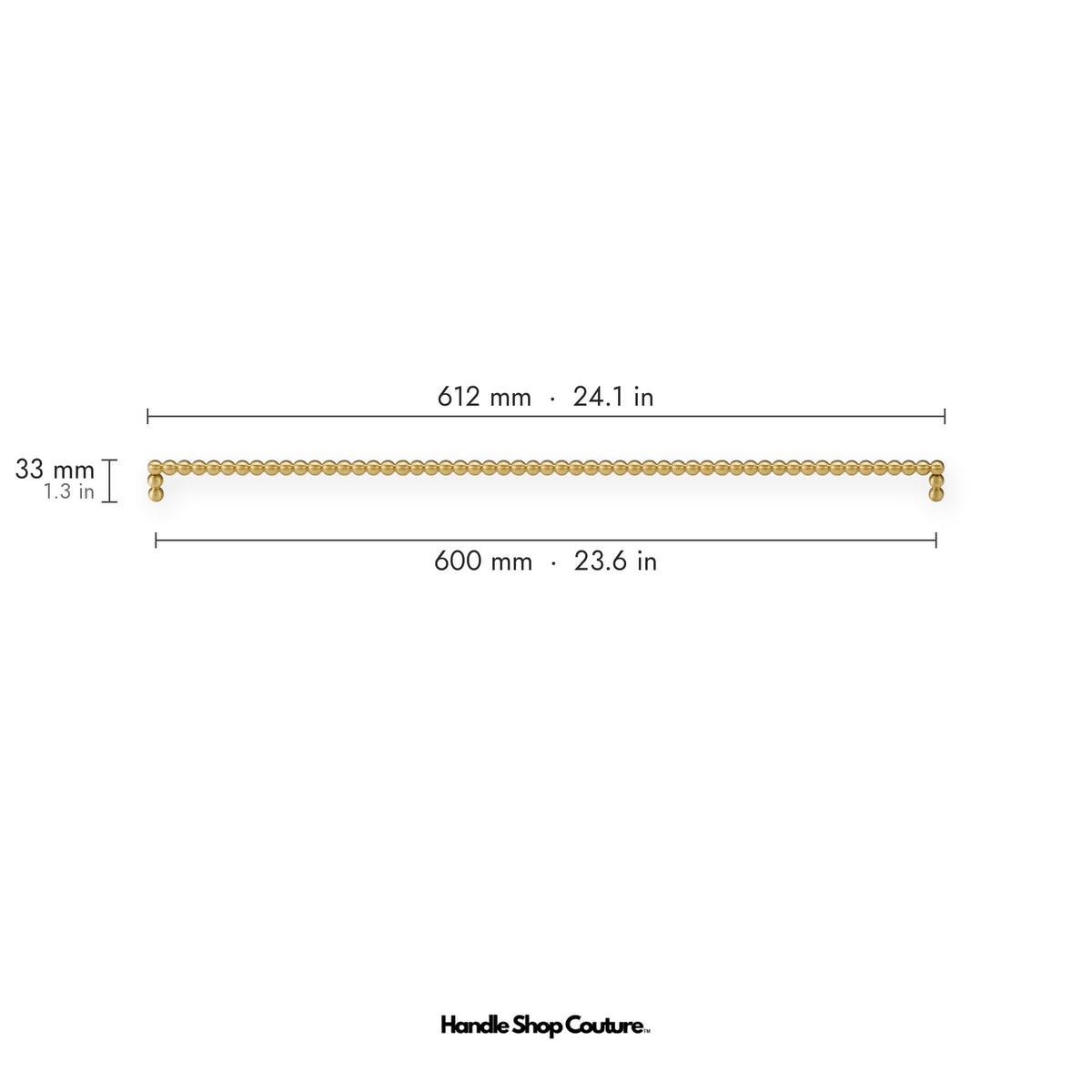 KOMBOLOI beaded brass cabinet handle, 612mm long, 600mm hole-to-hole, Satin Brass