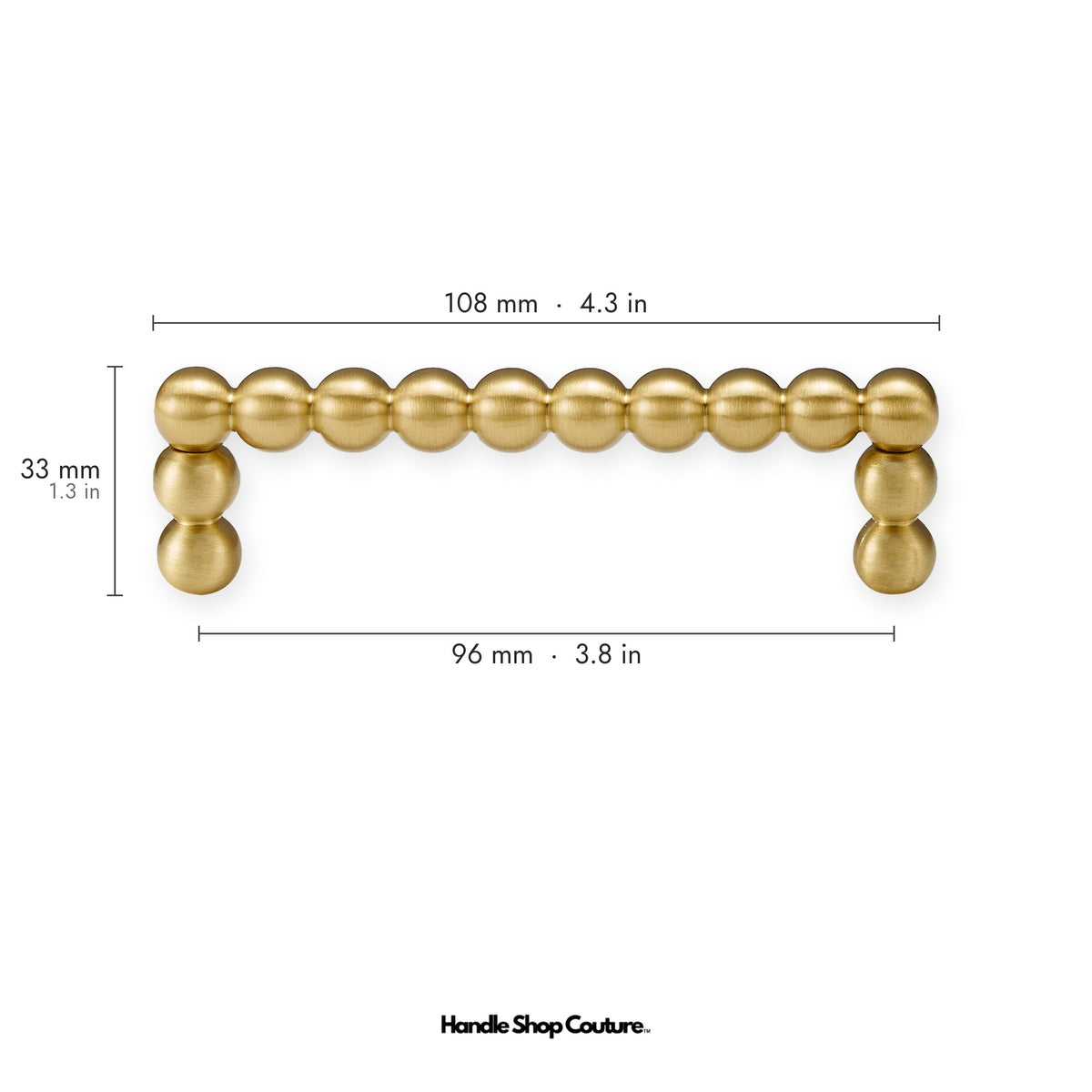 KOMBOLOI beaded brass cabinet handle, 108mm long, 96mm hole-to-hole, Satin Brass