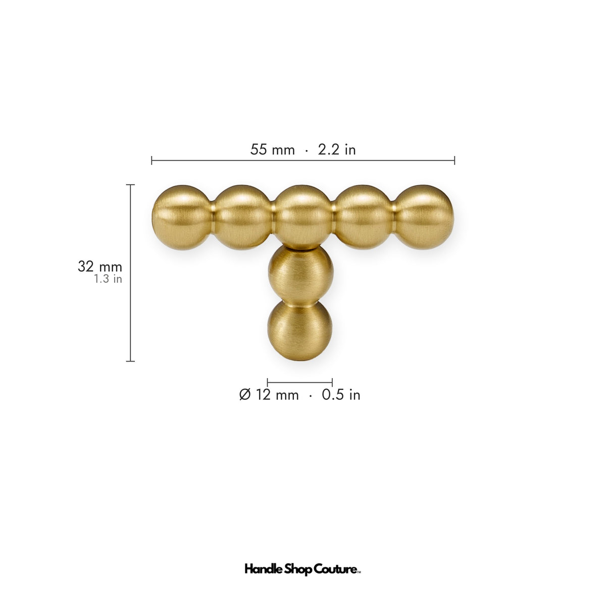 KOMBOLOI beaded brass T-pull, 55mm wide, 12mm beads, Satin Brass